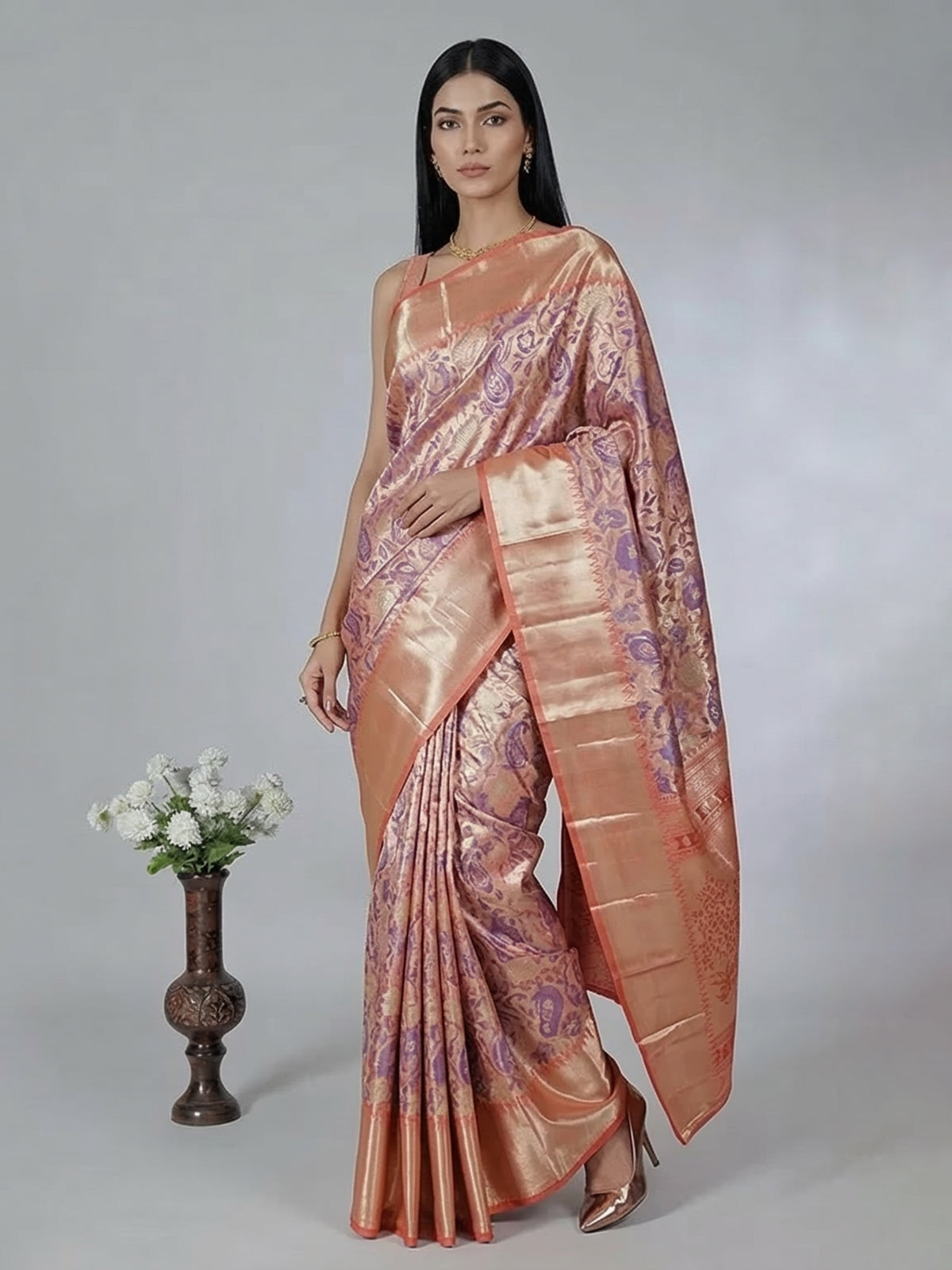 Peach floral printed kanjivaram silk zari saree
