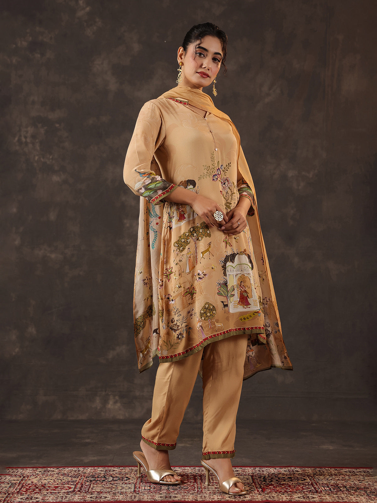 Beige viscose crepe printed kurti set with zardosi