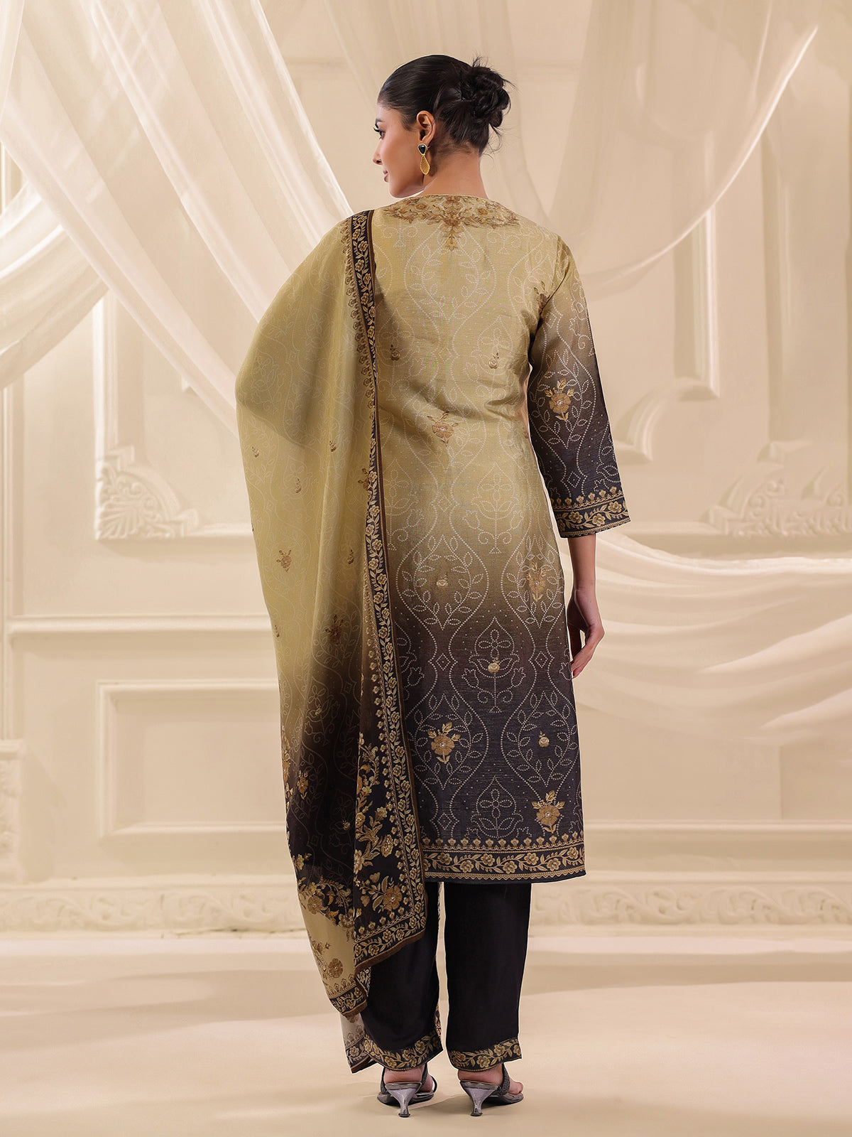 Black beige shaded dola silk printed kurti set