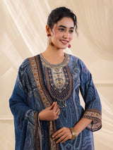 Blue viscose crepe printed yoke style kurti set