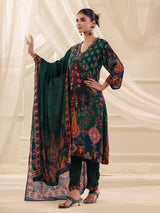 Bottle green viscose crepe printed kurti set