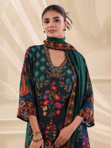 Bottle green viscose crepe printed kurti set
