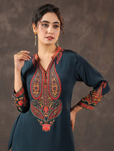 Rama blue viscose crepe printed kurti dhoti set
