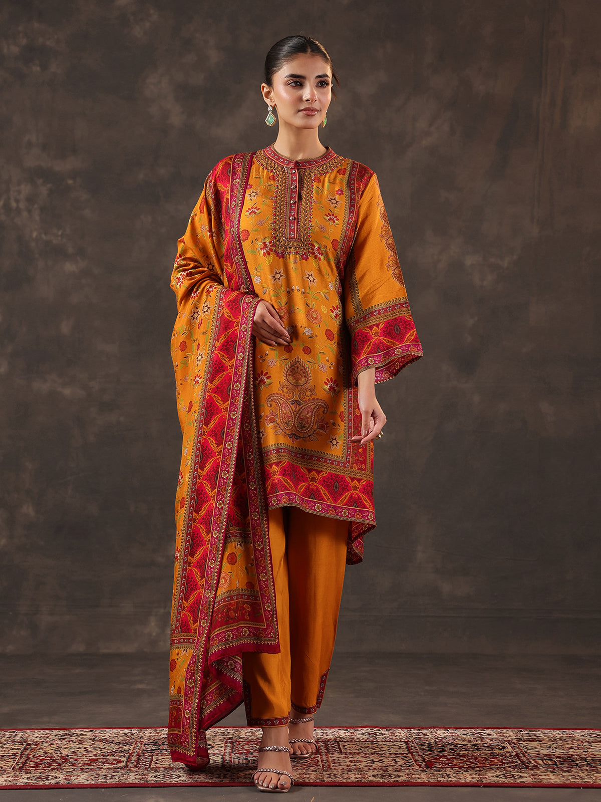 Mustard yellow dola silk floral printed kurti set