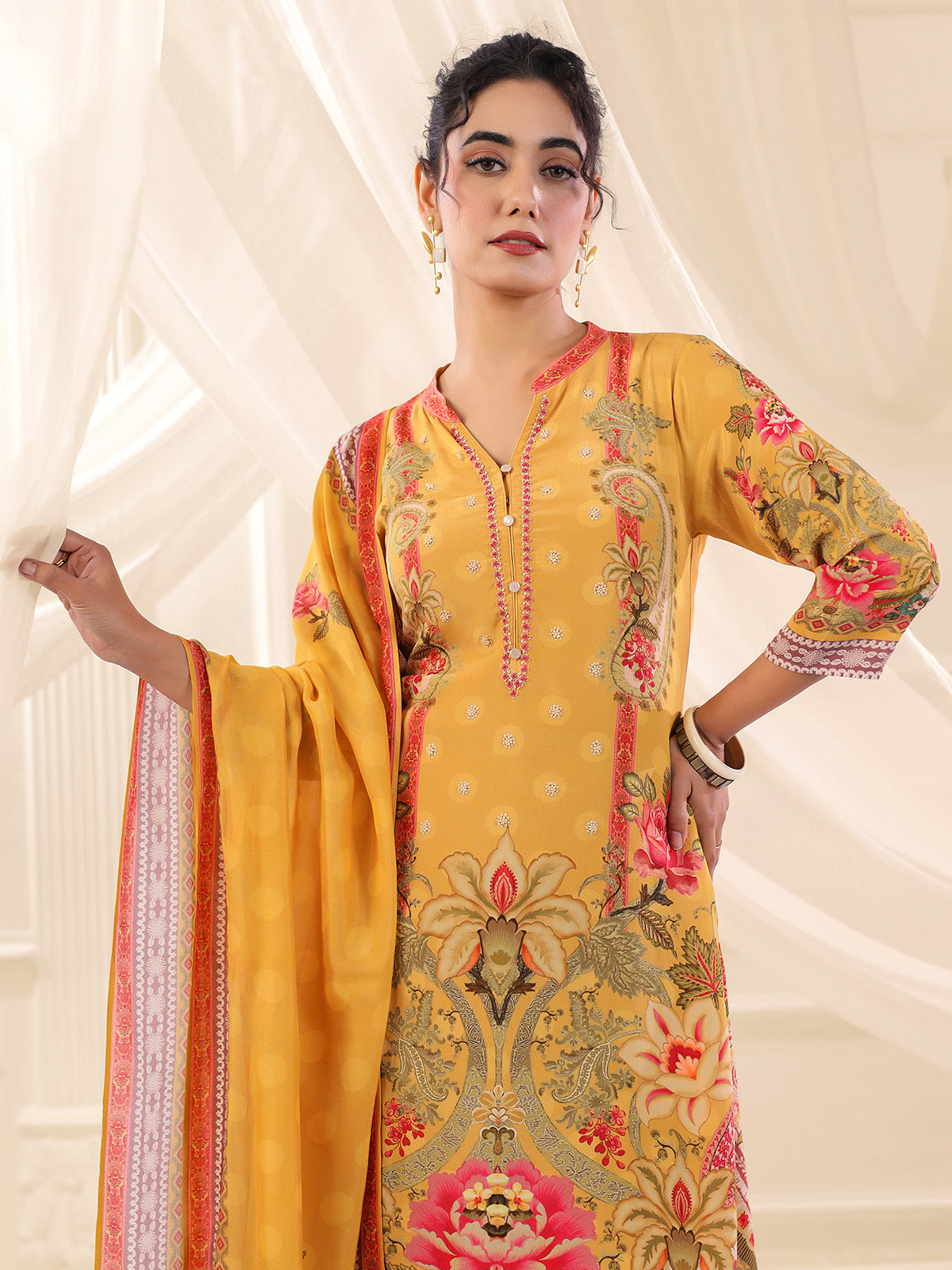 Yellow viscose crepe printed kurti set for festive