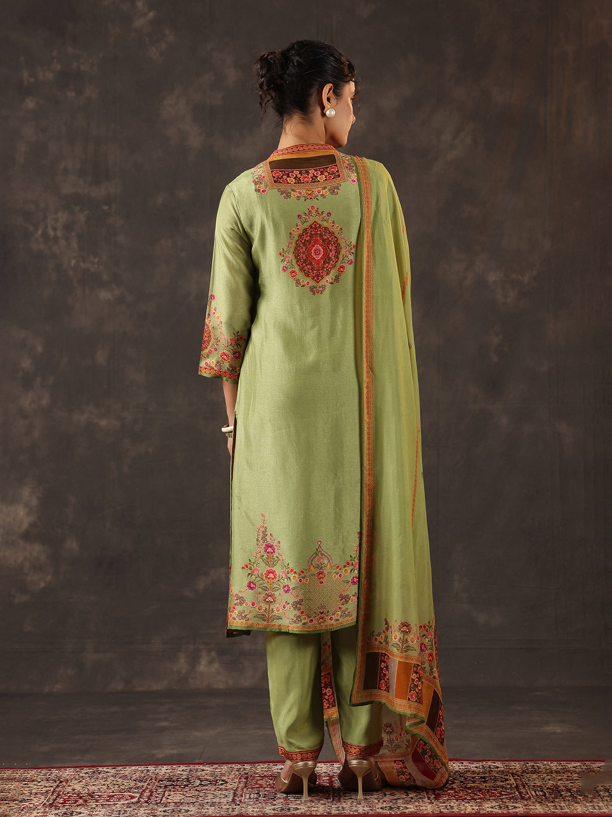 Pista green russian silk printed yoke style kurti set