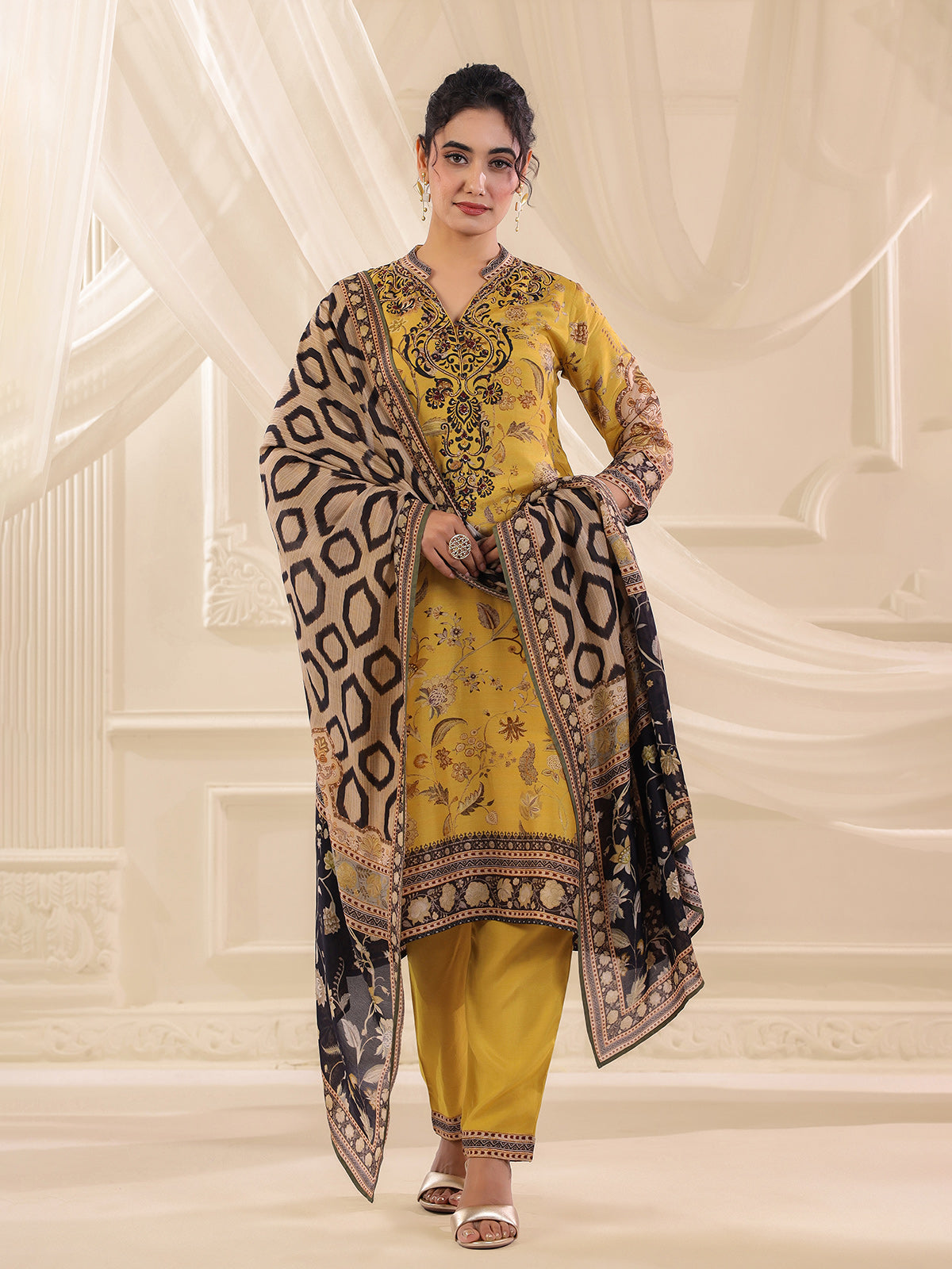 Mehendi yellow dola silk printed kurti set