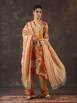 Cream viscose crepe printed kurti set with dupatta for women