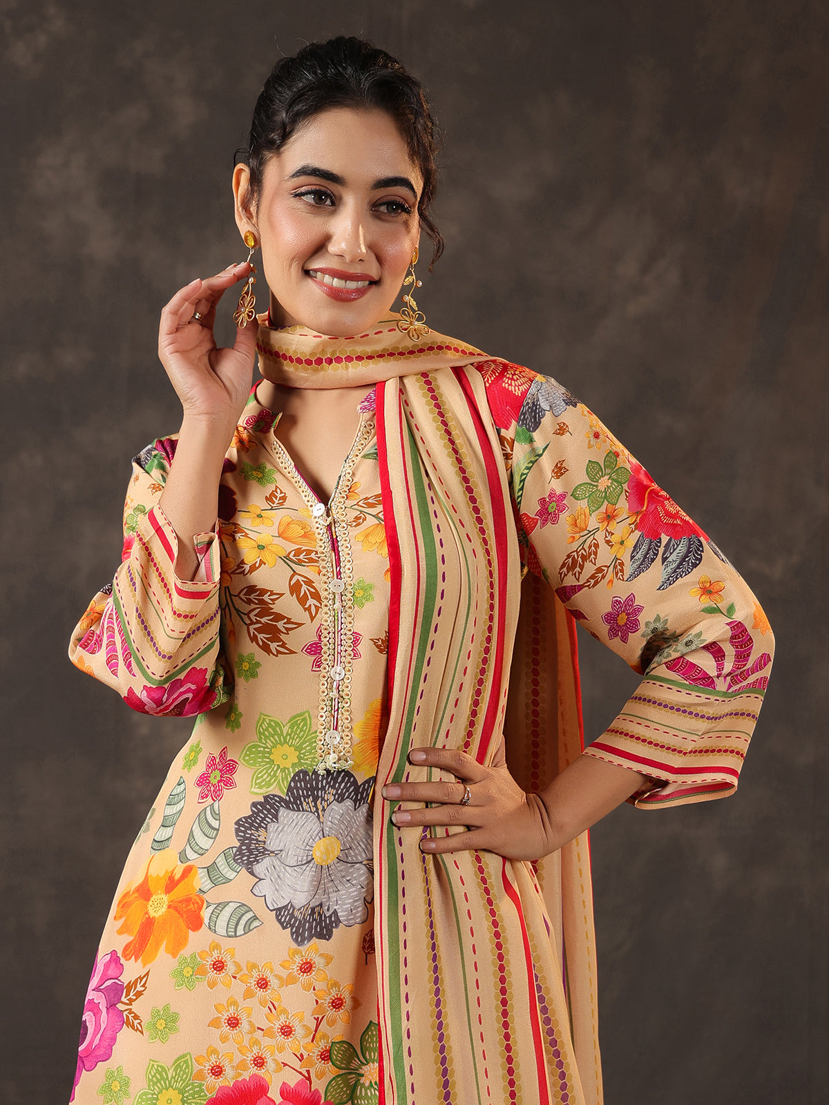 Cream viscose crepe printed kurti set with dupatta for women