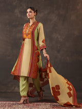 Light green russian silk printed yoke style kurti set