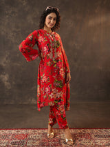 Red viscose georgette floral printed kurti set