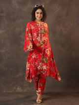 Red viscose georgette floral printed kurti set