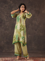 Pista green viscose crepe printed kurti set