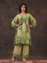 Pista green viscose crepe printed kurti set