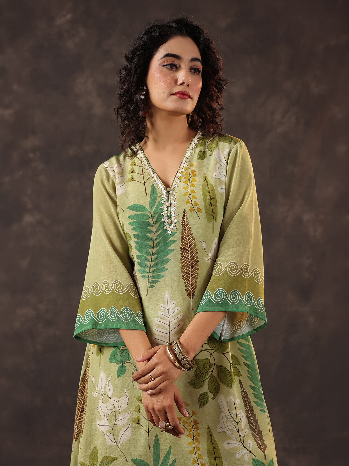 Pista green viscose crepe printed kurti set