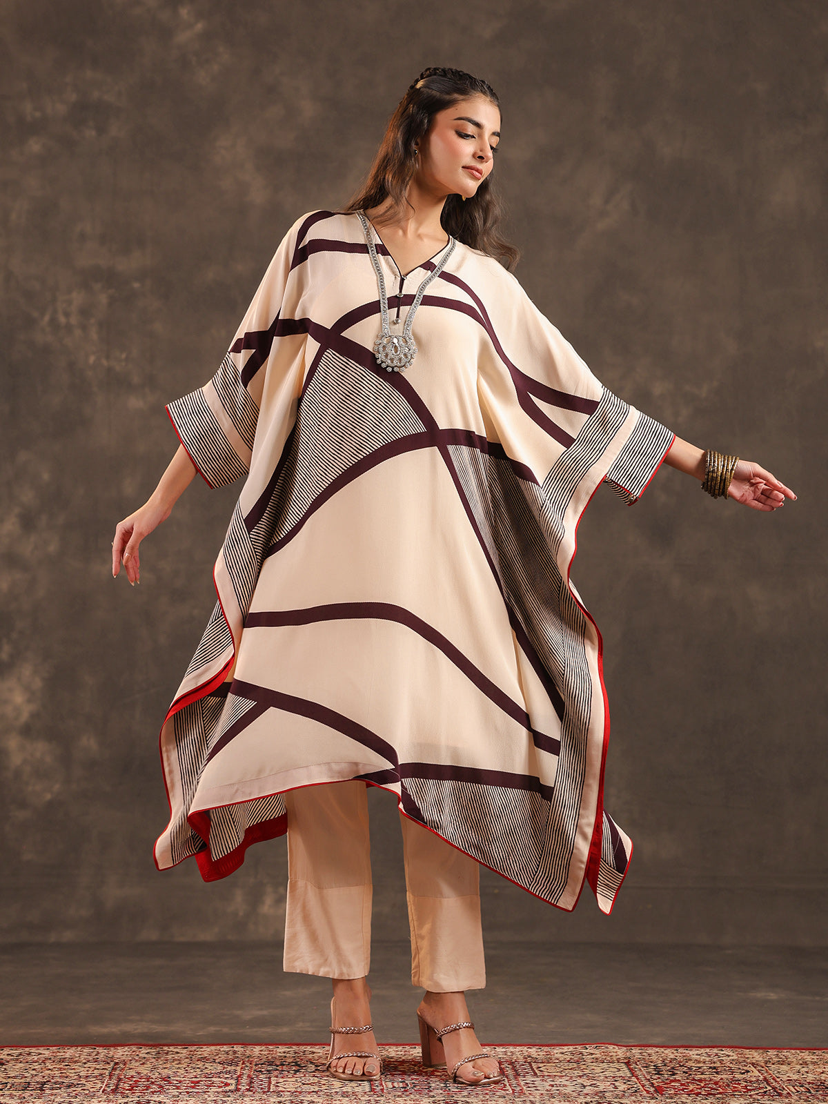 Cream viscose crepe abstract printed kurti festive set