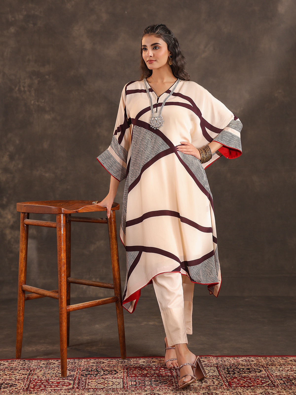 Cream viscose crepe abstract printed kurti festive set