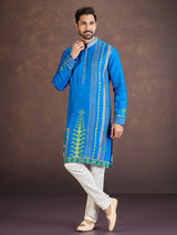 Blue cotton silk printed kurta suit with resham work