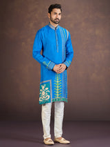 Blue cotton silk printed kurta suit with resham work