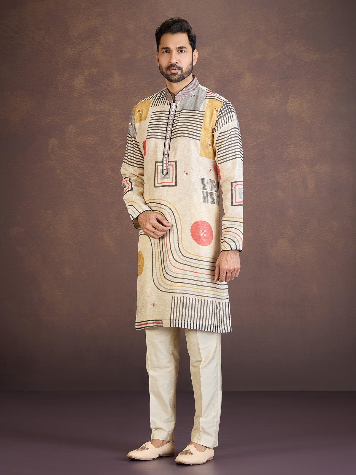 Beige geometric printed cotton linen festive kurta pyjama