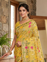 Yellow cotton linen saree with bold motifs