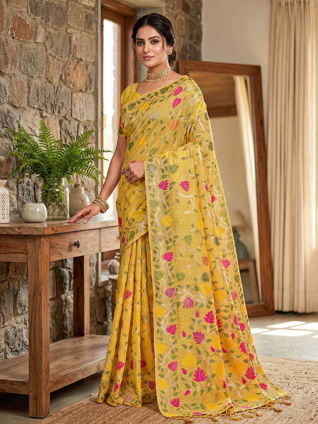 Yellow cotton linen saree with bold motifs