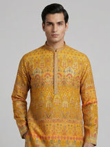 Yellow cotton silk printed festive kurta suit