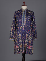 Navy blue silk floral printed festive kurta suit