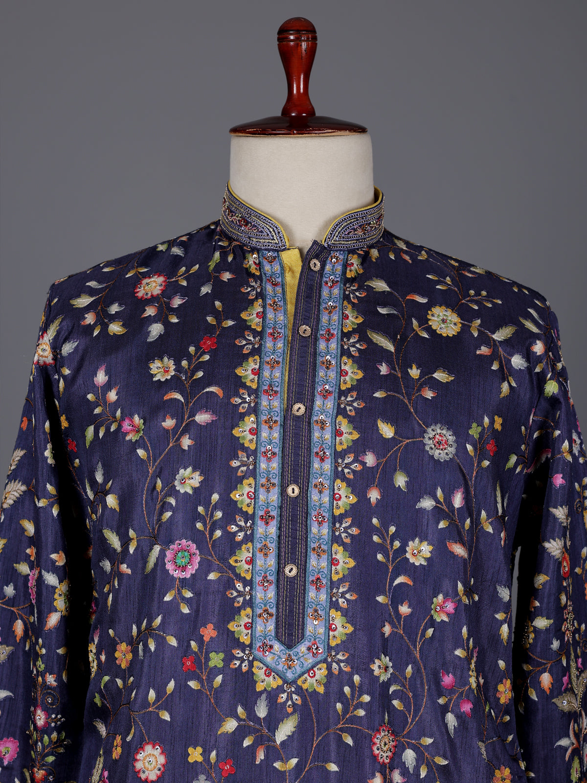Navy blue silk floral printed festive kurta suit