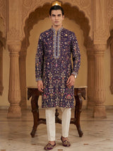 Navy blue silk floral printed festive kurta suit