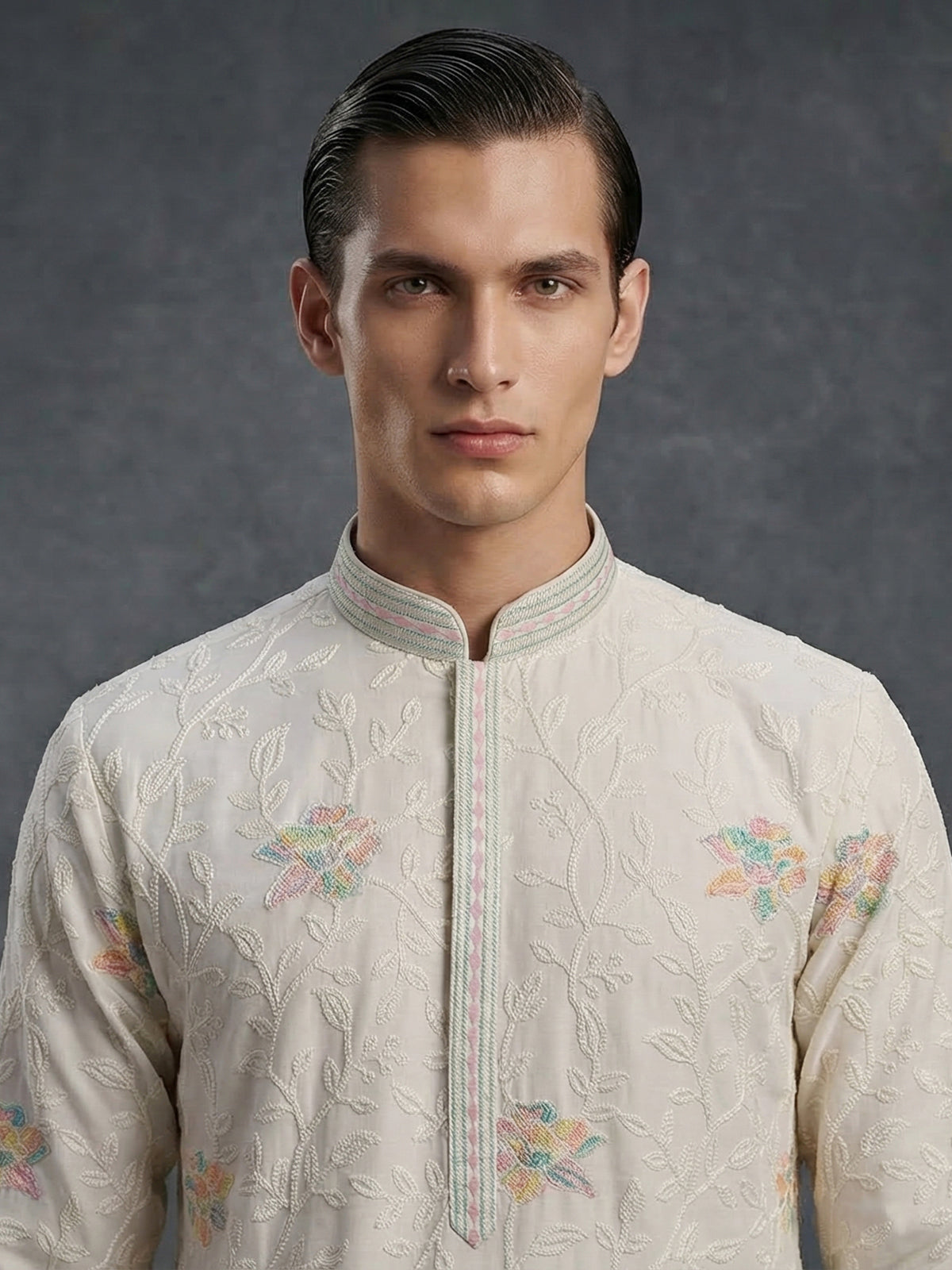White georgette thread embroidered festive kurta suit