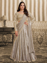 Beige foil satin lehenga saree for reception wear