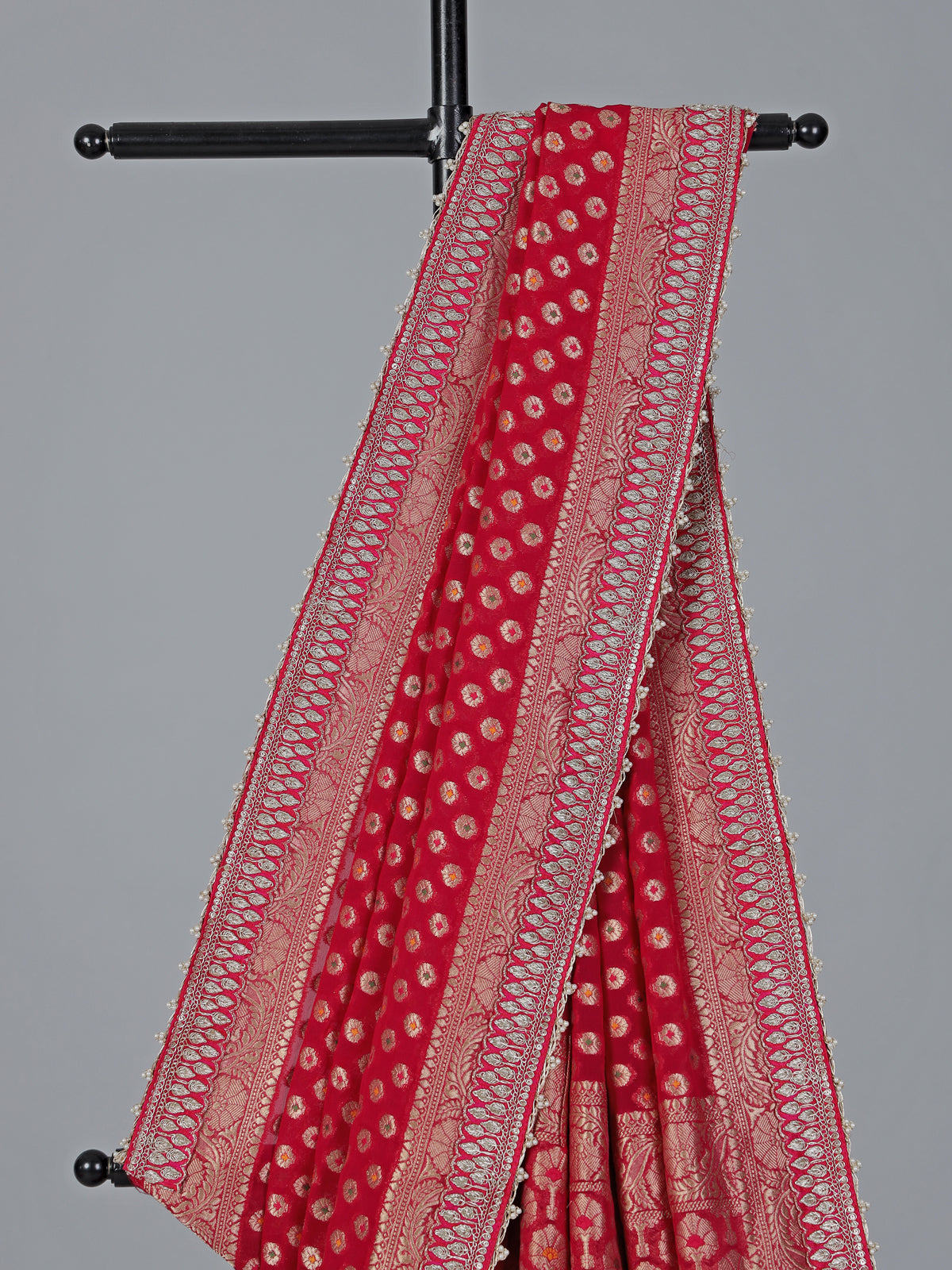 Red georgette butti work festive wear saree charm