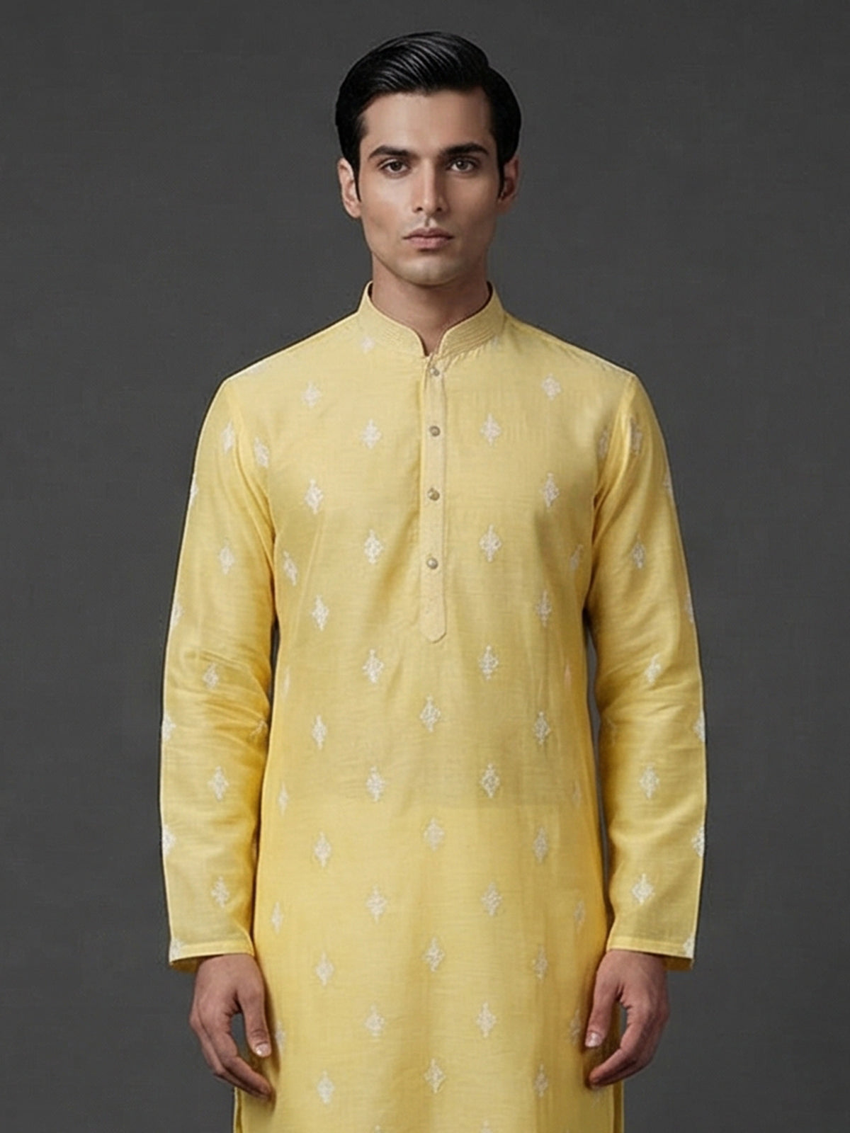 Yellow cotton linen embroidered festive kurta set