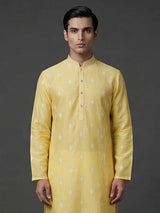 Yellow cotton linen embroidered festive kurta set