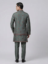 Sage green silk embroidered festive waistcoat set