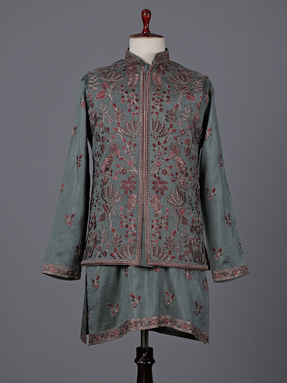 Sage green silk embroidered festive waistcoat set