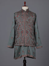 Sage green silk embroidered festive waistcoat set
