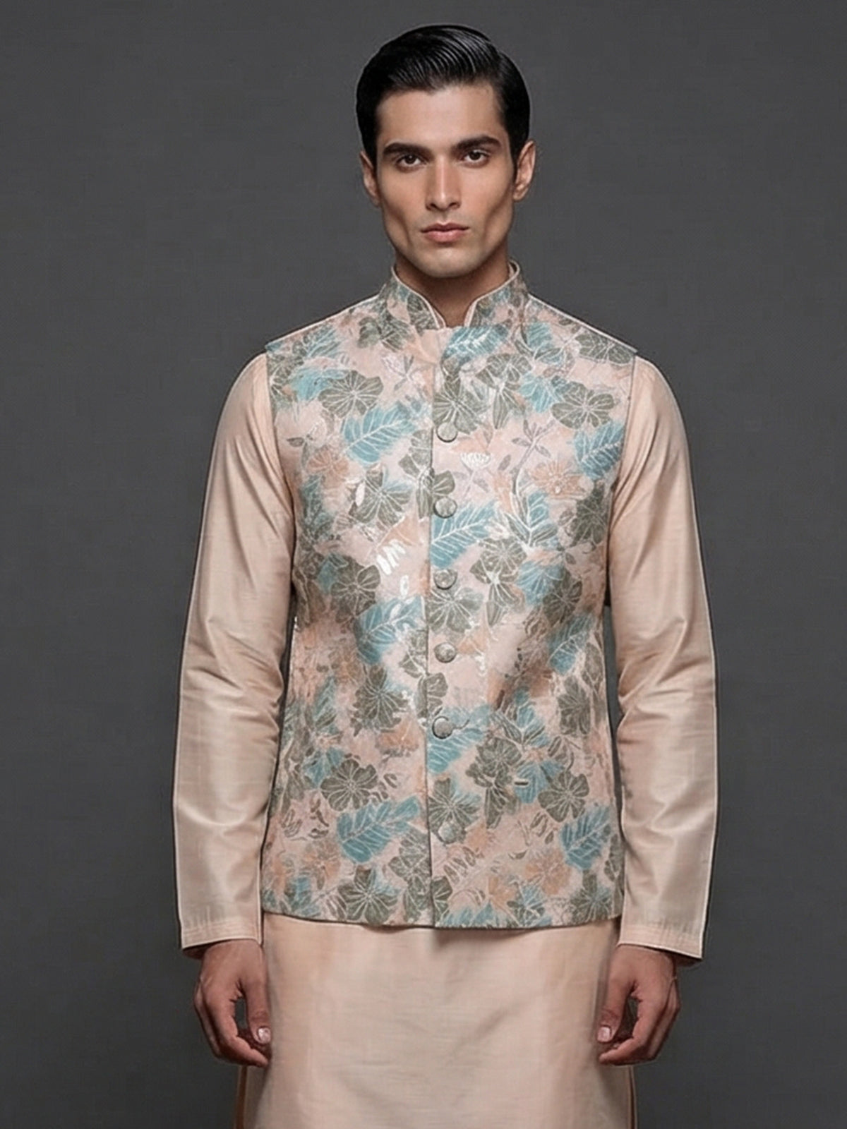 Peach silk embellished festive waistcoat set