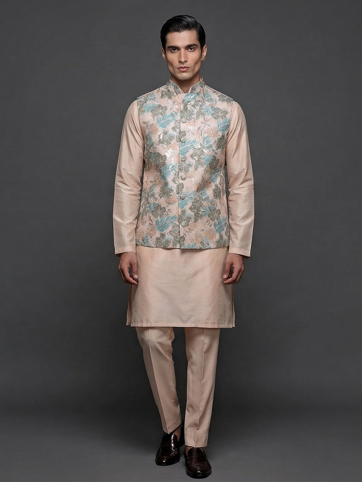 Peach silk embellished festive waistcoat set