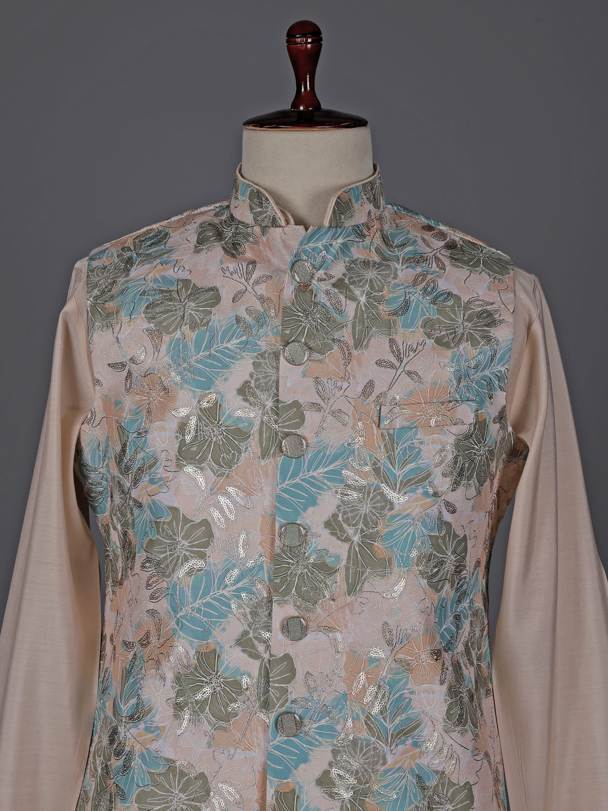Peach silk embellished festive waistcoat set