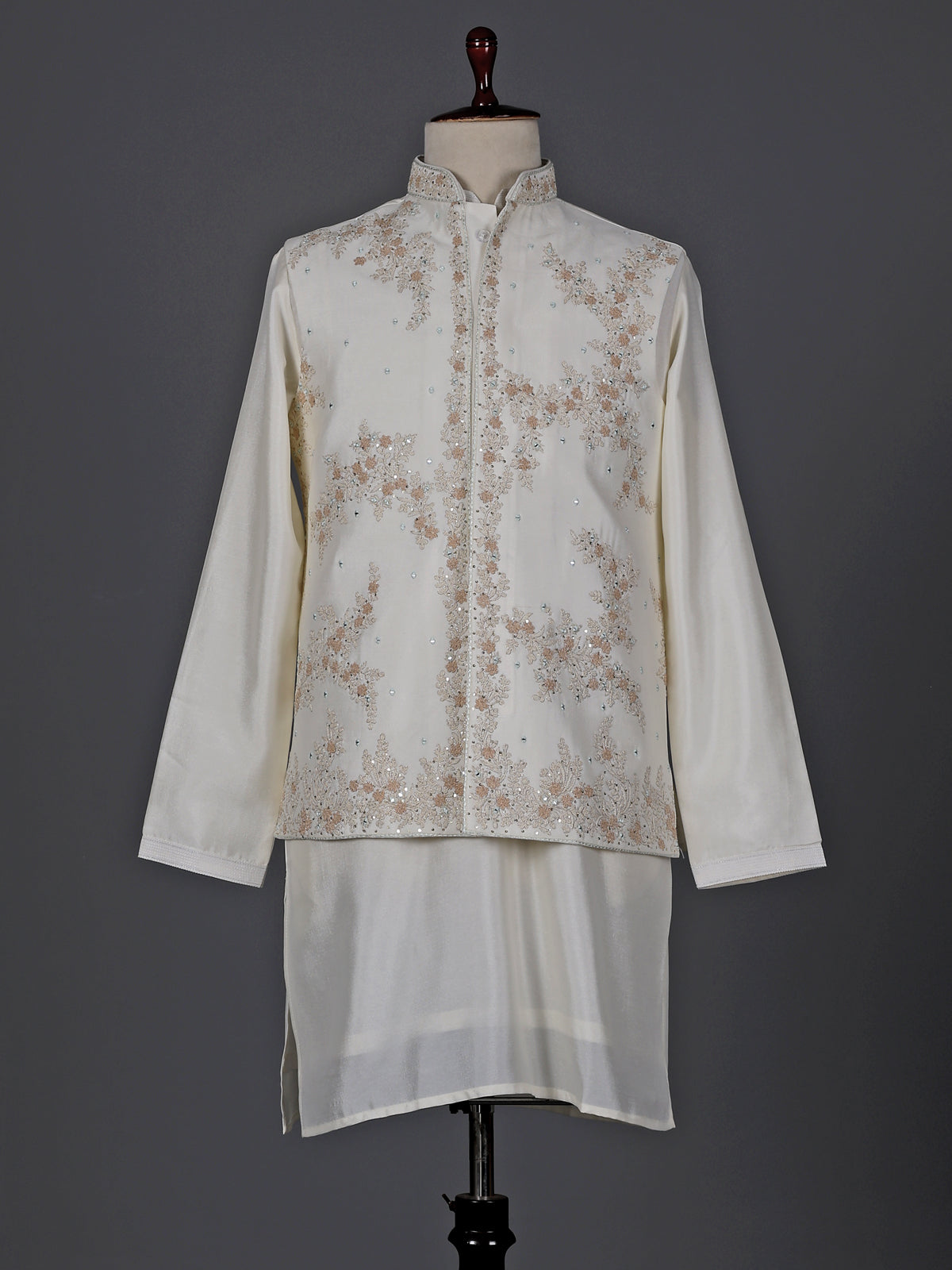 Cream silk embroidered designer waistcoat set