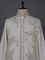 Cream silk embroidered designer waistcoat set