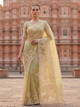Yellow semi organza mirror work haldi wear saree