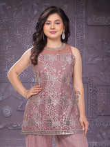 Onion pink festive wear palazzo suit in soft net
