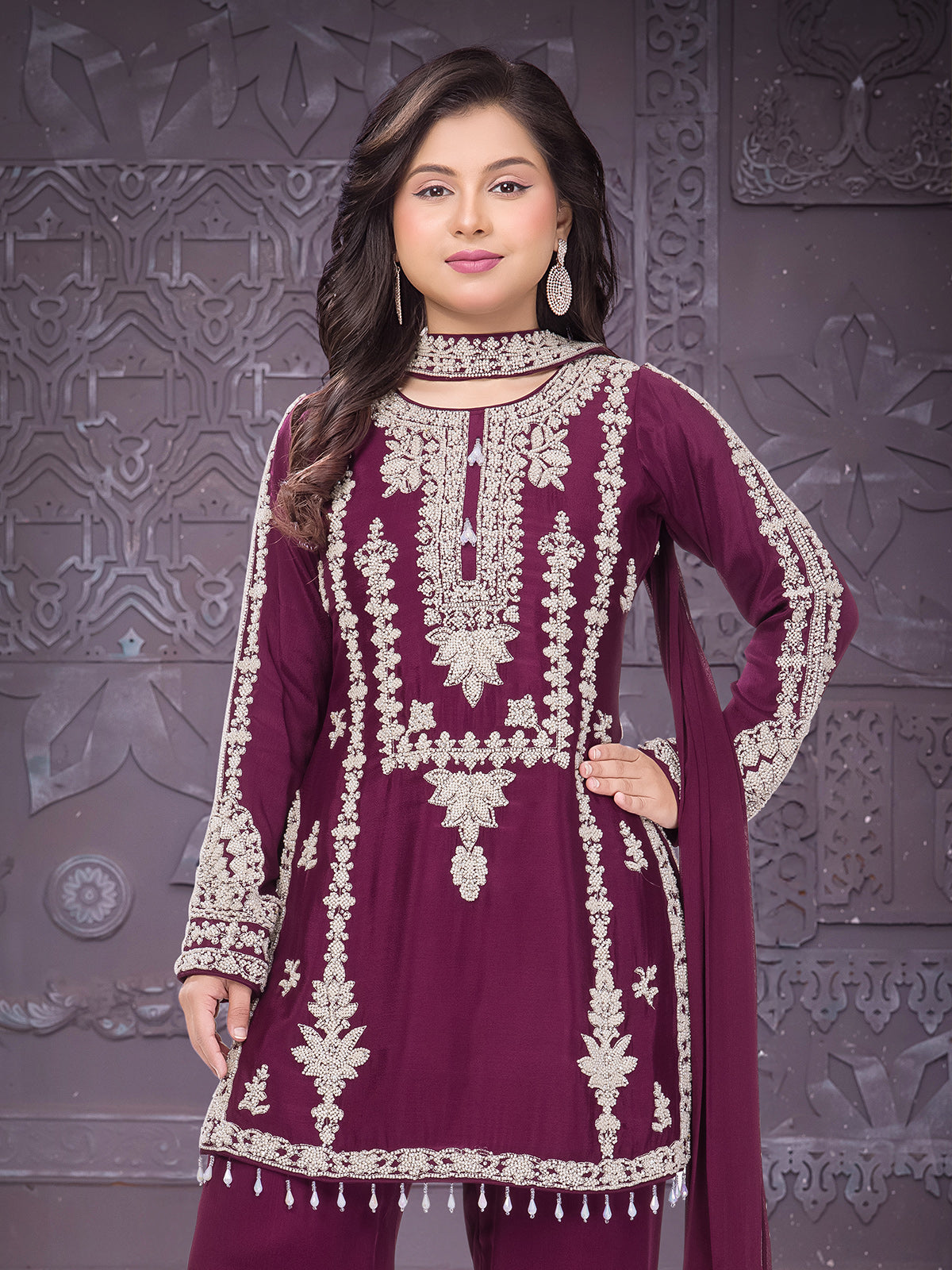 Wine festive wear silk salwar suit with dupatta