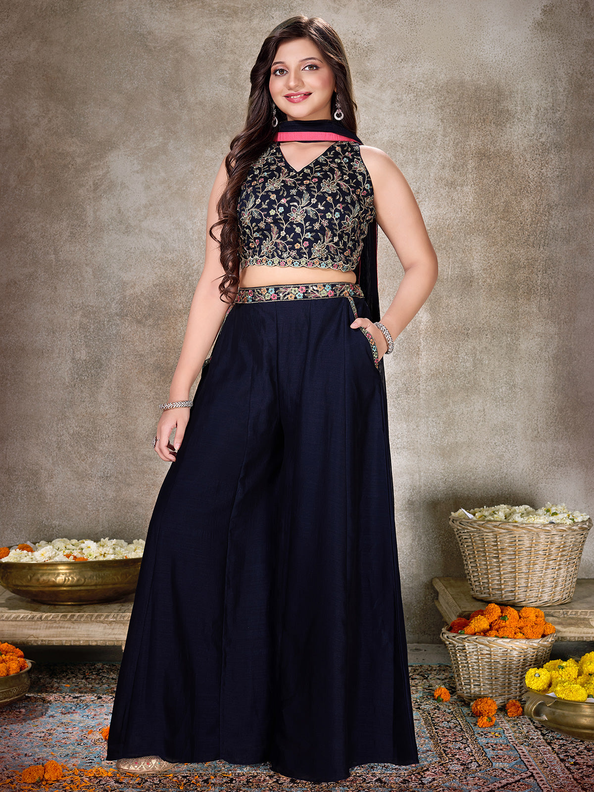 Navy silk palazzo suit for festive celebrations