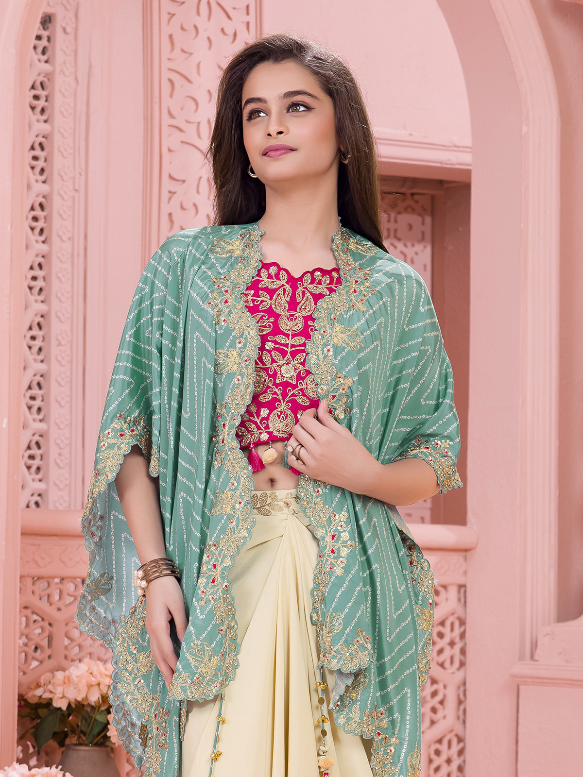 Cream silk Indo western suit with printed shrug