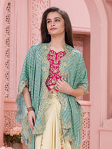Cream silk Indo western suit with printed shrug