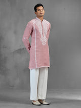Pink linen aari sequin highlight celebration kurta suit